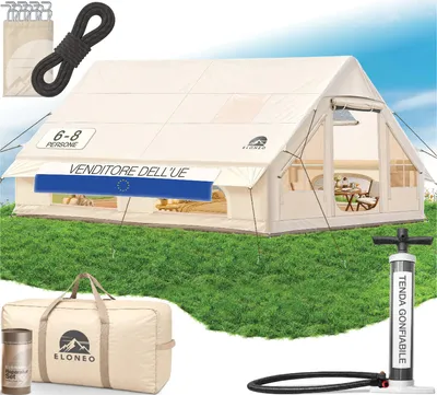 Immagine prodotto di Tenda gonfiabile ELONEO per campeggio adatta per famiglie (6-8 persone), beige, ideale per campeggio, festival e attività all'aperto, senza bisogno di montaggio con pali