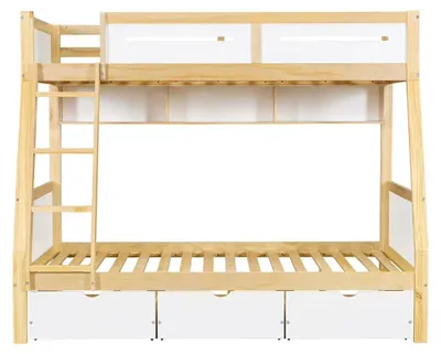 Image de Lit superposé pour enfants - Lit superposé - 3 tiroirs - Barrière de sécurité sur les quatre côtés - Escalier - Bois massif - Dimensions du matelas : 120 x 200 cm - Blanc et bois naturel