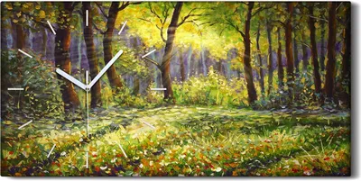Produktbild von Wanduhr Bürouhr Leinwand Bild Geräuschlos 60x30 Malerei Wald Bäume Blumen Natur - weiße Hände