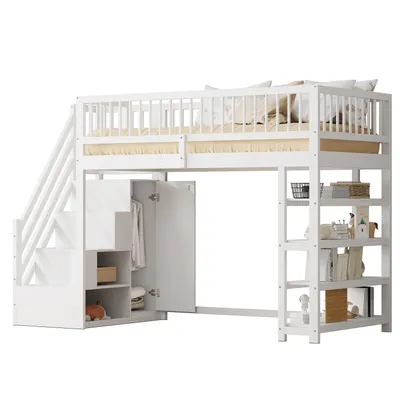 Produktbild von Hochbett 90 x 200,Hochzaun-Sicherheitsdesign mit Kleiderschrank,Regalen und Stauraum mit Sicherheitskletterleiter,Multifunktionsbett,Massivholzbett