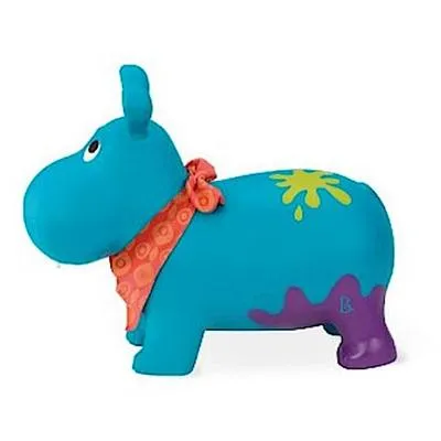 A blue toy hippo with colorful accents.