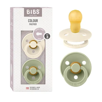 Produktbild von BIBS Colour Schnuller 2er-Pack, BPA-frei, Kirschform Nippel. Naturkautschuk / Latex, Hergestellt in Dänemark. Größe 3 (18+ Monate), Ivory / Sage