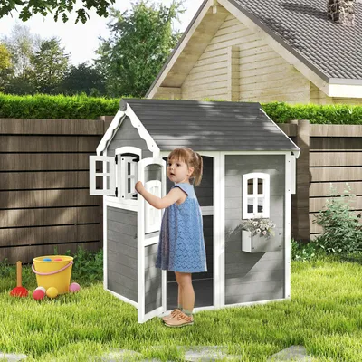 Produktbild von Kinderspielhaus aus Tannenholz, Spielhütte mit Tür & Fenstern, Gartenspielhaus mit Pflanzkasten, Grau | 110 x 104,5 x 137 cm | 17,4 kg