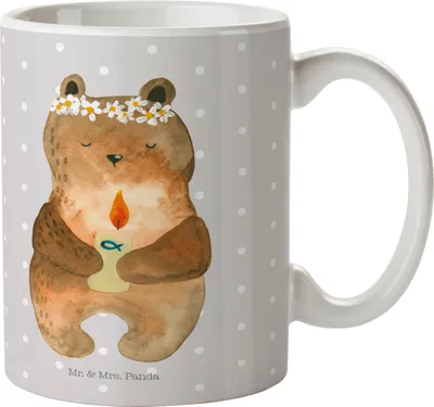 Produktbild von Mr. & Mrs. Panda Becher Bär Kommunion - Grau Pastell - Geschenk, Tasse, cappuccinotasse, Taufkerze, Teddy, Kaffeetasse, Kaffeebecher, Katholisch, Henkelbecher