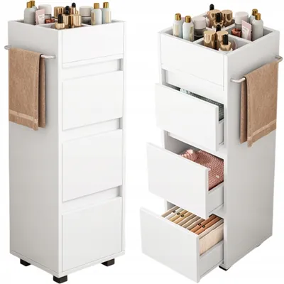 Two views of a white rolling cosmetic storage cart with drawers and a towel rack.