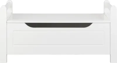 A white storage bench is shown from the front against a white background.