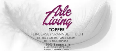 A feather graphic with text overlay advertising a topper fitted sheet.
