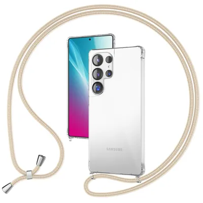 Zdjęcie produktu dla Smycz do telefonu NALIA dla Samsunga Galaxy S25 Ultra – przezroczyste etui hybrydowe z paskiem – HANGIT PRO (etui na ramię) – marka z Berlina – kolor piaskowy