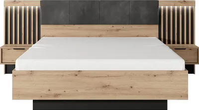 Produktbild von Schlafzimmer-Set mit Bett 160x200 cm inkl. Lattenrost , 2 Nachtkommoden mit Beleuchtung, in Eiche mit Anthrazit, Lamellen - TALCA-167