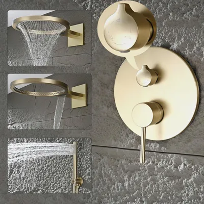 Produktbild von Duschsystem Gebürstetes Gold, Wasserfall Duscharmatur Komplettset 3 Funktional Duschgarnitur mit Regendusche, Duschamaturenset Regendusche mit 2 Funktional Duschkopf, Handbrause