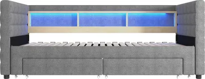 Produktbild von Flieks Schlafsofa Polsterbett 90x190cm mit Led und Ladefunktion, Tagesbett Daybed mit 2 Schubladen und offenen Staufächern, Samt, Grau