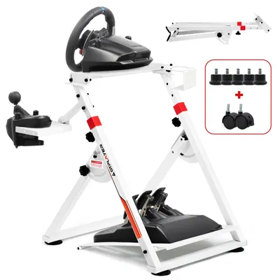 A white racing wheel stand with a steering wheel and pedals attached.
