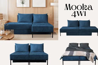 Produktbild von Kaiser Möbel Ecksofa mit schlaffunktion, Sofa, Betten, Liegestuhl, MOOKA 4in1-Multifunktions-System, stoff Velo Dunkelblau Rechts