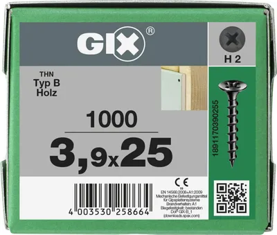 Zdjęcie produktu dla SPAX GIX-B gwint grubozwojny, 3,9 x 25 mm, 1000 sztuk, w pełni gwintowany, główka trąbkowa, wgłębienie krzyżowe H2, ostrze igłowe - 1891170390255