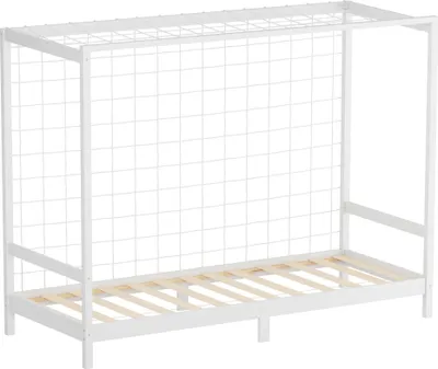 Produktbild von ML-Design Kinderbett Fußballtor 90x200 cm, Weiß, Einzelbett für Kinder, Holzbett mit Lattenrost & Tornetz, Jugendbett aus Kiefernholz, Handballtor