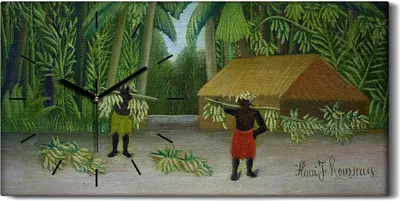 Produktbild von Wandbild Leinwand Bilder mit Uhr 60x30 Malerei Dschungel Hütte Palmen Bananen - schwarze Hände