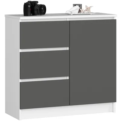Produktbild von Kommode Jerry mit 3 Schubladen Schrank mit 2 Einlegeböden und 1 Tür Wohnzimmer Schlafzimmer Moderne 16mm 80x77x35 cm Weiß-Grau