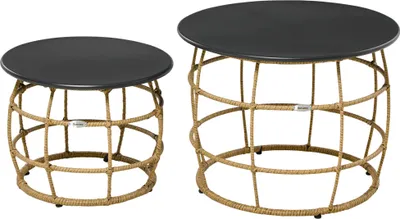 Immagine prodotto di Fortuna Lai Set di 2 tavolini Tavolino da caffè intrecciato a mano con piano per giardino e balcone Ø46 Ø60 cm Sabbia