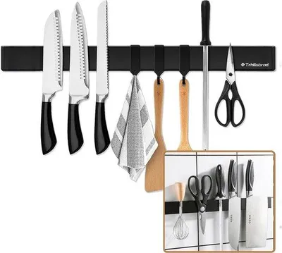 Produktbild von Unyqoos® Magnetische Messerleiste 50 cm – Edelstahl, schwarz satiniert, selbstklebend & bohrfrei, 3 Haken, Magnetleiste für Messer und Werkzeuge, Tragkraft 5 kg