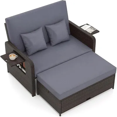 Produktbild von Garten-Rattan-Sofa 75136-HW mit Ottomane, 165 x 110 x 89 cm, grau/braun
