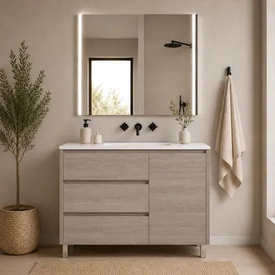 ORIGEN BATH VOLUM Badmöbel-Set mit Waschbecken 120x45 cm und LED-Spiegel MEGAN 80x80 cm, Smoky-Eiche