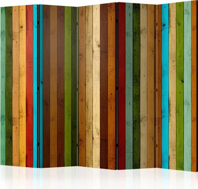 Immagine prodotto di paravento bifacciale in tessuto non tessuto 5 pezzi - Arcobaleno in legno II 225x172 cm motivo f-C-0393-z-c