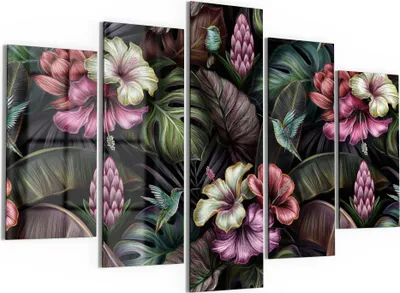 Produktbild von DEQORI Glasbilder 5-tlg 150x100 cm 'Blüten, Blätter und Vögel' Wandbilder XXL groß