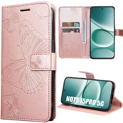 Image de Coque pour Xiaomi Redmi Note 15 Pro 5G, Cuir Synthétique Antichoc Anti-Rayures Motif Papillon Rose