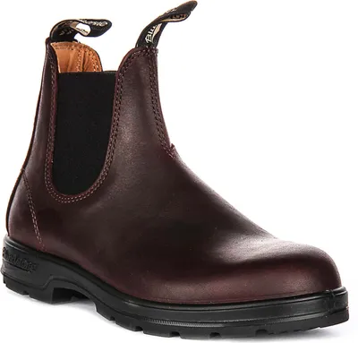 A single brown Blundstone Chelsea boot is shown against a white background.