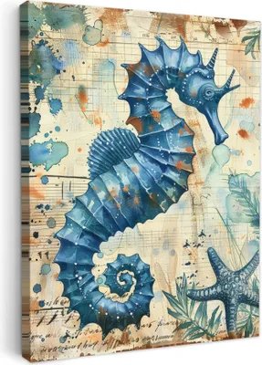 Produktbild von MuchoWow® - Leinwandbilder - Vintage - Meerestiere - Seepferdchen - Aquarell - Blau, Wandbild, Wanddeko Bilder Wohnzimmer, 30x40 cm