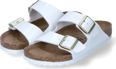 Produktbild von Birkenstock Arizona Pantoletten Damen Kunstleder Weiß 42 EU mit vorgeformtem Kork-Tieffußbett normale Weite