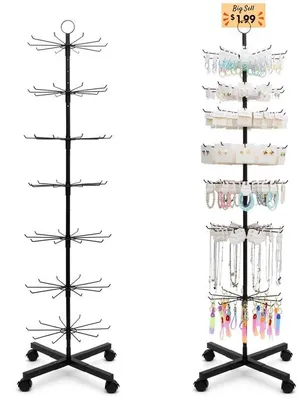 Imagen del producto de Ibenzoa®: Estante giratorio para exhibición, color . Fabricado en hierro fundido resistente a la corrosión, con 7 niveles ajustables, cada uno con 10 ganchos. Altura ajustable, ideal para joyería y accesorios