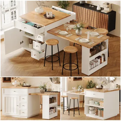 Immagine prodotto di Isola da cucina allungabile da 120 a 184 cm con cassetti e rotelle, bancone da cucina mobile in finitura effetto legno e bianco, versatile bancone da cucina per la sala da pranzo