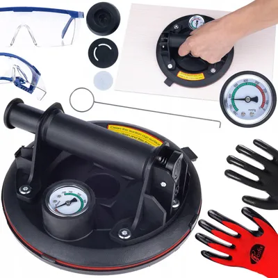 Image de Rosfix Kit de Levage Par Ventouse avec Manomètre – Capacité de Levage 200 kg, 200 mm, ABS, Gants, Lunettes de Sécurité Inclus | Carrelage, Verre