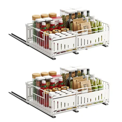 Produktbild von 2x Teleskopschublade Korbauszug Küchenschrank Organizer Ausziehbare für Küche Verstellbare Breite 32.5-50cm Weiß