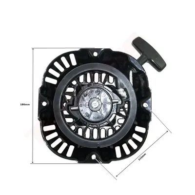 A black starter assembly for an engine, with dimensions indicated by lines and text.