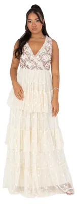Produktbild von Maya Deluxe Damen Maxikleid, ärmellos, V-Ausschnitt, Wickeldesign, mehrstufig, mit Rüschen