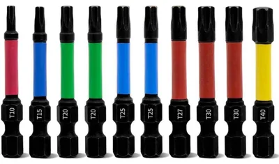 Produktbild von Torx Schrauber Bit Set 10tlg. 50mm T10-T40 Sicherheitsstern magnetisch 1/4" Sechskantschaft S2 Stahl