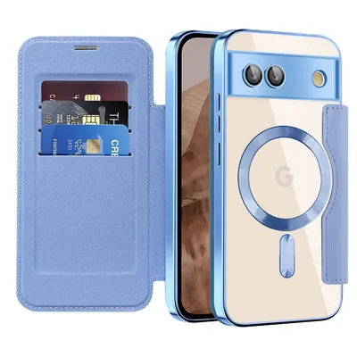 Produktbild von Klapphülle für Google Pixel 8A Kompatibel mit Magsafe, Klar Überzug Kartenhalter Ledertasche mit Kameraschutz Hellblau