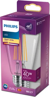 Produktbild von Philips Filament-Lampe, transparent, 40W ST64 E27, 4,3 W, 40 W, E27, 470 lm, 15000 h, Warmweiß