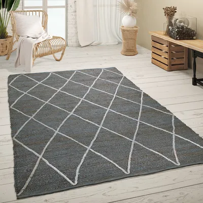 Produktbild von Teppich Wohnzimmer Jute Naturfaser Handgearbeitet Modernes Skandi 3D Muster Grösse 60x100 cm