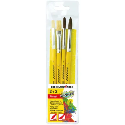 Produktbild von Eberhard Faber 579924 - Winner Borsten- und Haarpinsel, Set mit 4 Pinselgrößen, 2 Rund- und 2 Flachpinsel, für viele Zeichen- und Maltechniken auf unterschiedlichen Maluntergründen