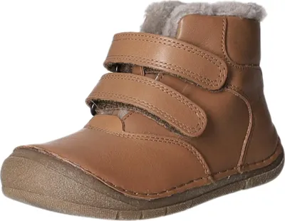 A single brown winter boot with fur lining and two velcro straps.