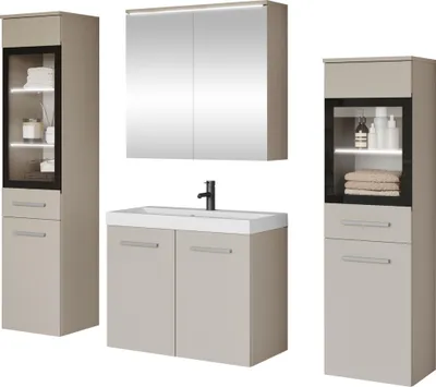 Produktbild von MIRJAN24 Badmöbel-Set Madrit II, Badezimmer-Set mit Spiegel und Waschbecken (Farbe: Cashmerebeige, mit Siphon, mit weißer LED Beleuchtung)