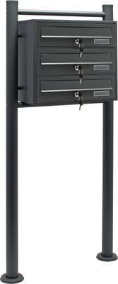 Wiltec 3er Briefkastenanlage Anthrazit 512 x 270 x 1150 mm, Standbriefkasten mit 3 Fächern, Schlüssel und Namensschild, Briefkasten Postkasten mit Ständer