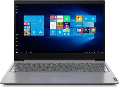 A laptop computer is shown from the front, open with the screen displaying the Windows 10 operating system.