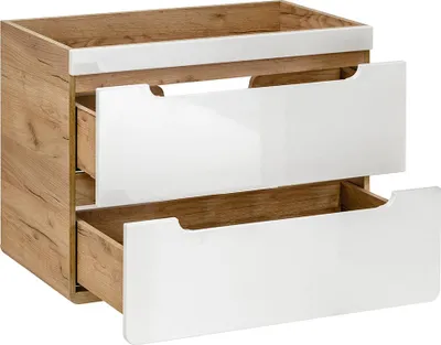 A bathroom vanity cabinet with two drawers, one partially open.