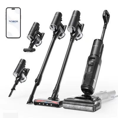 A collection of Tineco floor cleaning devices and a smartphone displaying the Tineco app, presented on a white background.