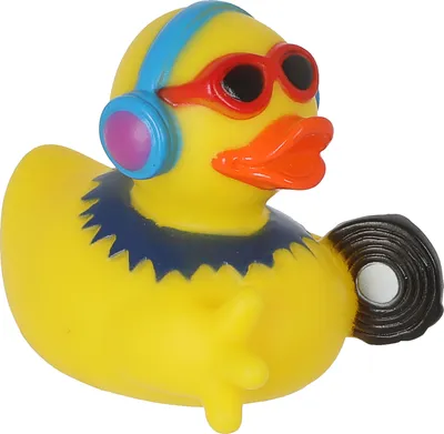 Produktbild von Badeente DJ H8cm PVC gelb bunt Enten Schnabel Badespielzeug Quietscheente Kopfhörer Brille Schallplatte Badewanne