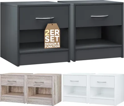 A collage of three sets of nightstands in different colors: anthracite, light wood, and white. The top image shows two anthracite nightstands with a tag indicating a set of two.